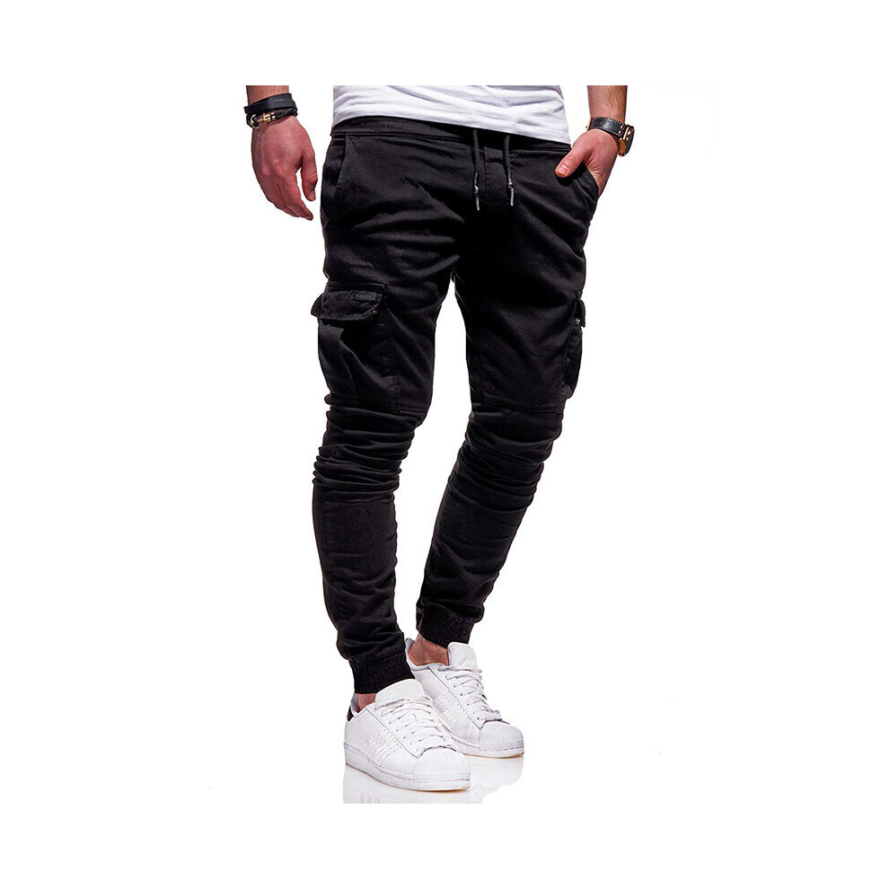 (Black, M) Men's Slim Fit Sports Long Trousers Casual Pencil Jogger Cargo Pants Sweatpants