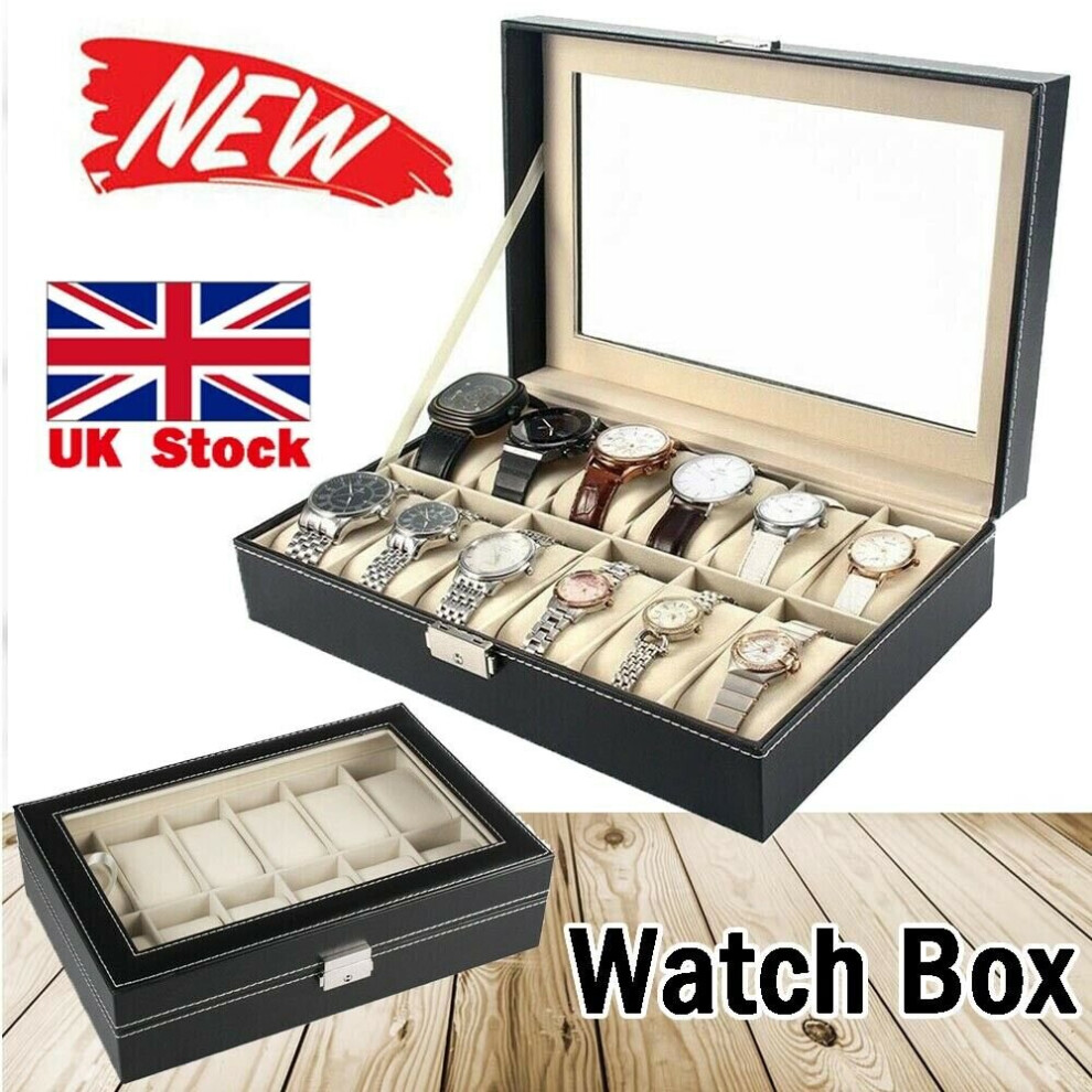 12 Grids Leather Watch Display Case Jewelry Storage Holder Box