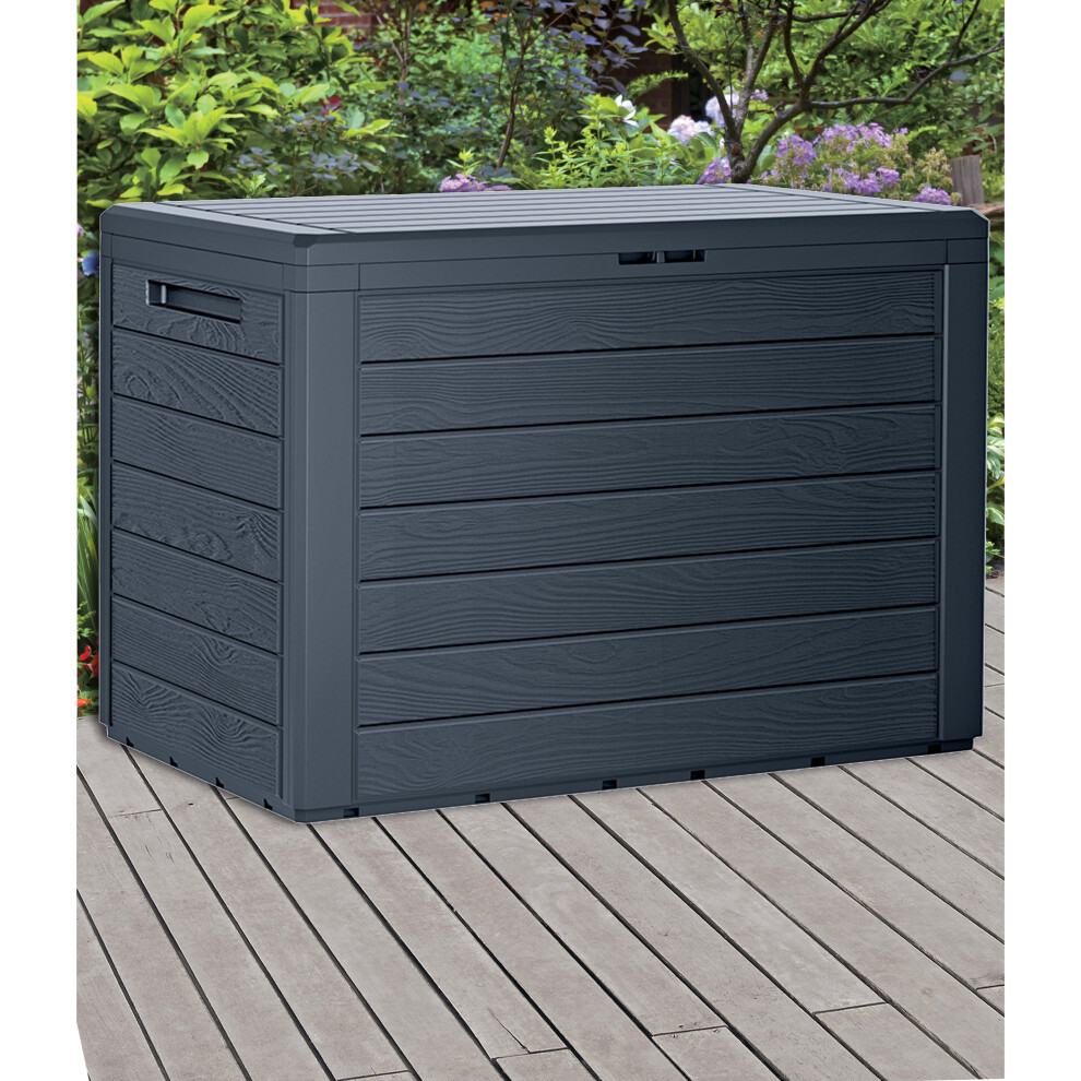 (Horizontal Stripes, x2) Anthracite 190L Wood Design Outdoor Storage Box Garden Patio Plastic Chest Lid