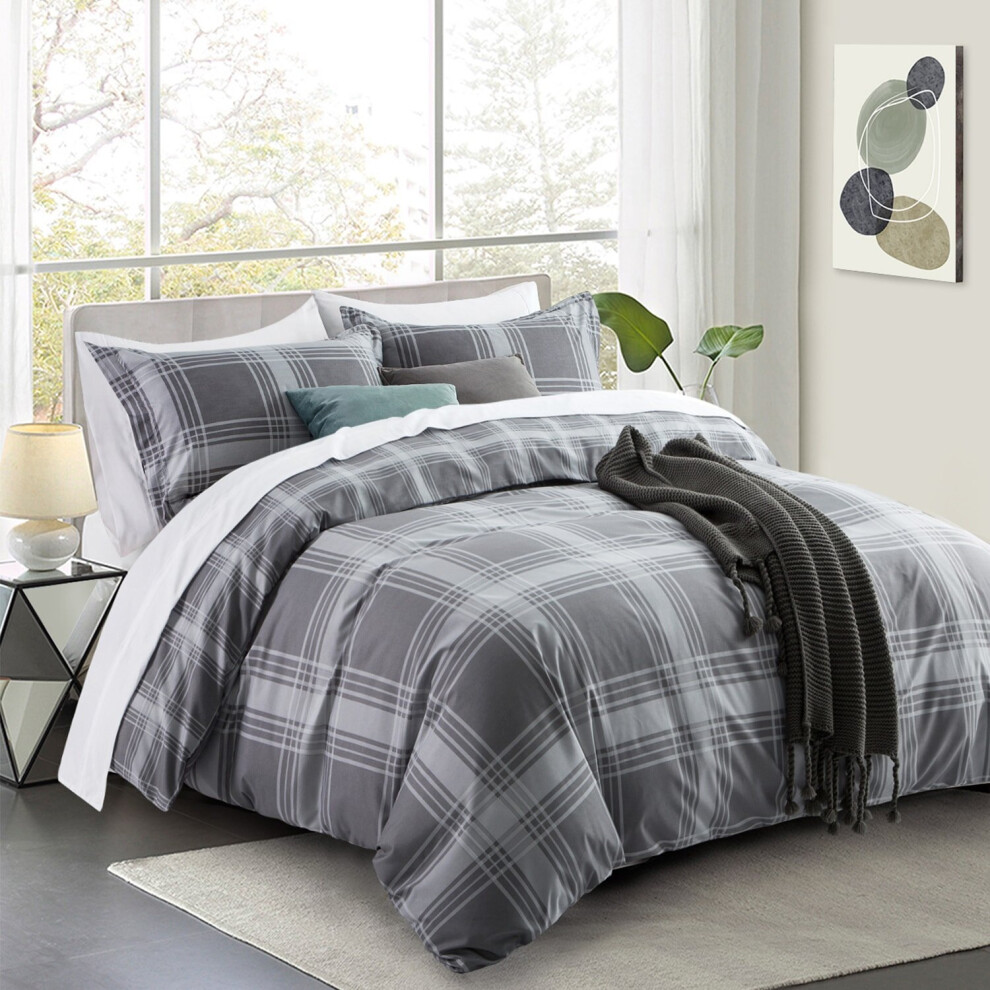 (Grey Check, Super King) Luxury Duvet Cover Set Reversible Duvet Quilt Cover Bedding Set Single Double King Size