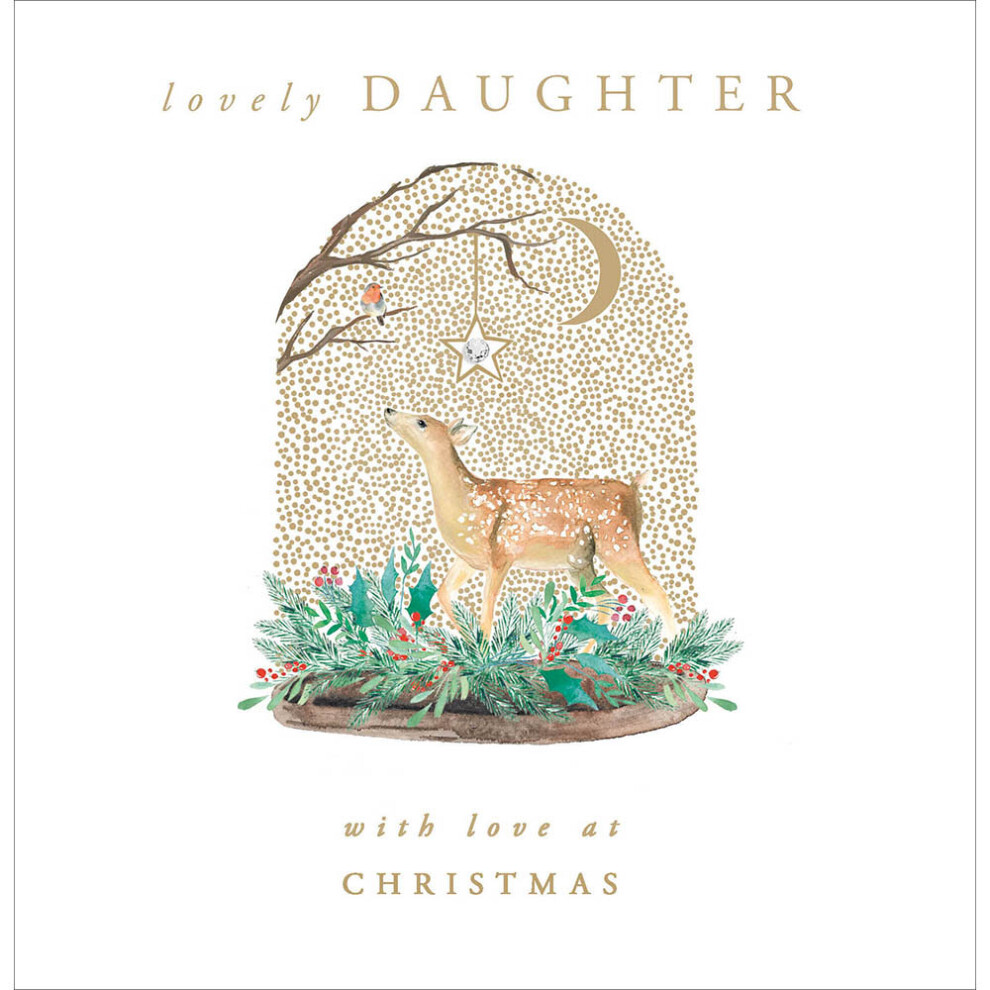 Woodmansterne Lovely Daughter Love At Christmas Card – Cute Deer And Robin Greeting Card