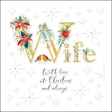 Beautiful Wife Love at Christmas Card - Stars and Flowers with Embossed Finish
