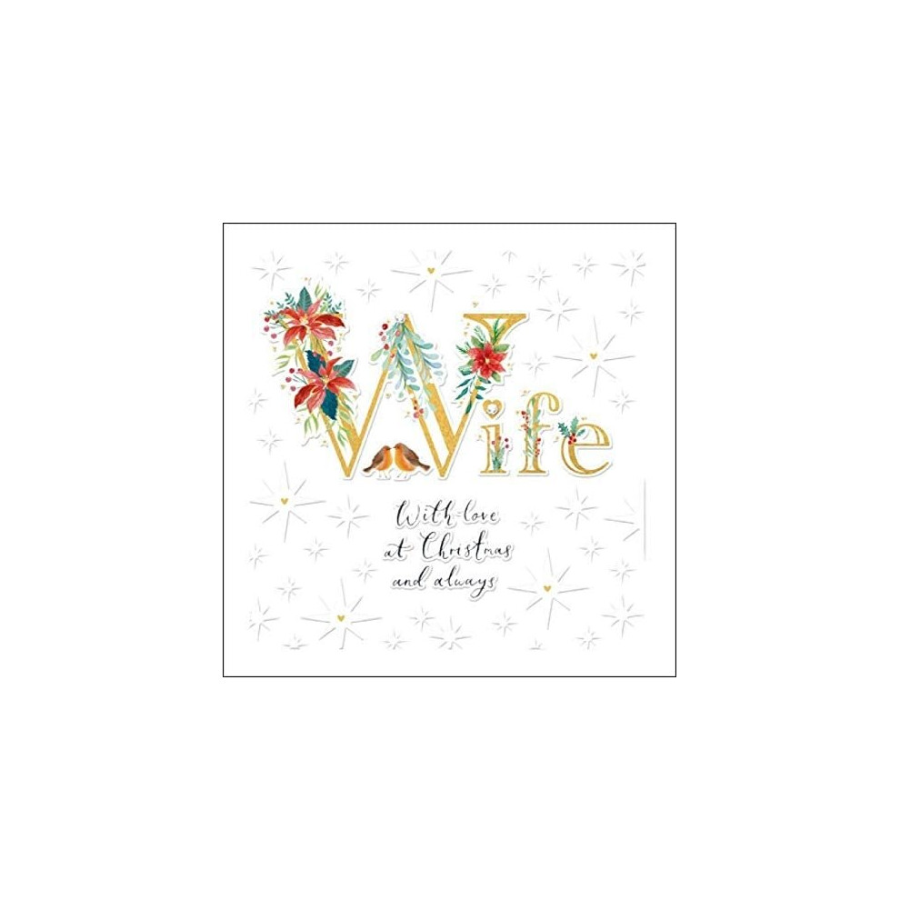Beautiful Wife Love at Christmas Card - Stars and Flowers with Embossed Finish