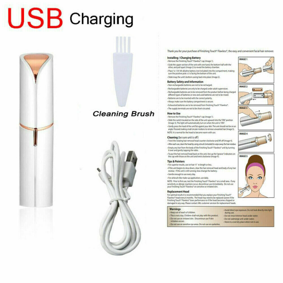 (WHITE) Flawless Facial Hair Remover, USB Rechargeable,18k Gold