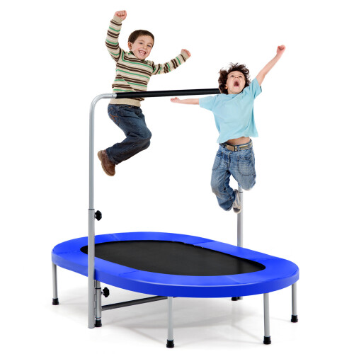 Double Oval Foldable Trampoline with Adjustable Handrail – 2-Person Jumping Fitness, 150kg Capacity, Blue