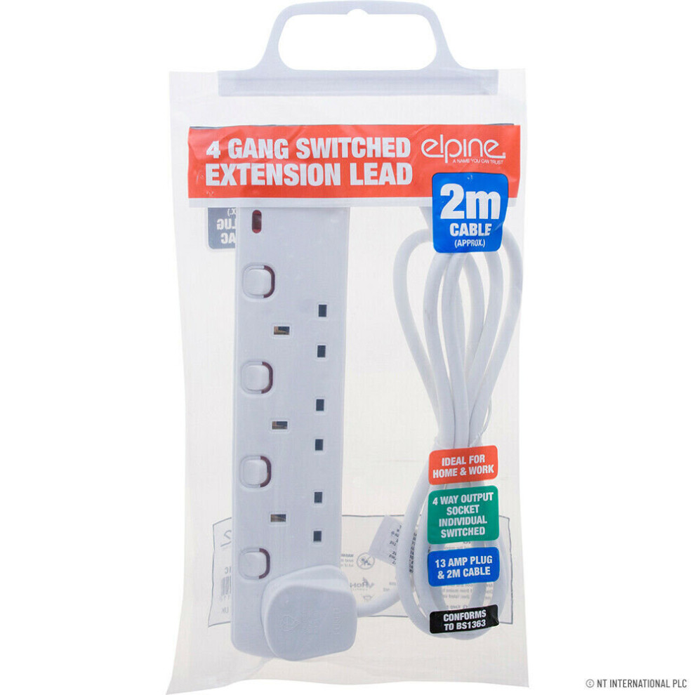 4 WAY GANG EXTENSION LEAD CABLE INDIVIDUALLY SWITCHED 4 SOCKET PLUG UK