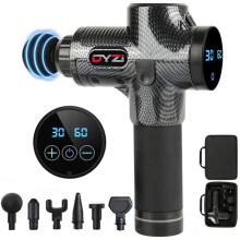 DYZI Handheld Electric Rechargeable Massage Gun - 30 Speeds | Body, Muscle, Deep Tissue Percussion Massager With 6 Head Attachments | Carbon Black