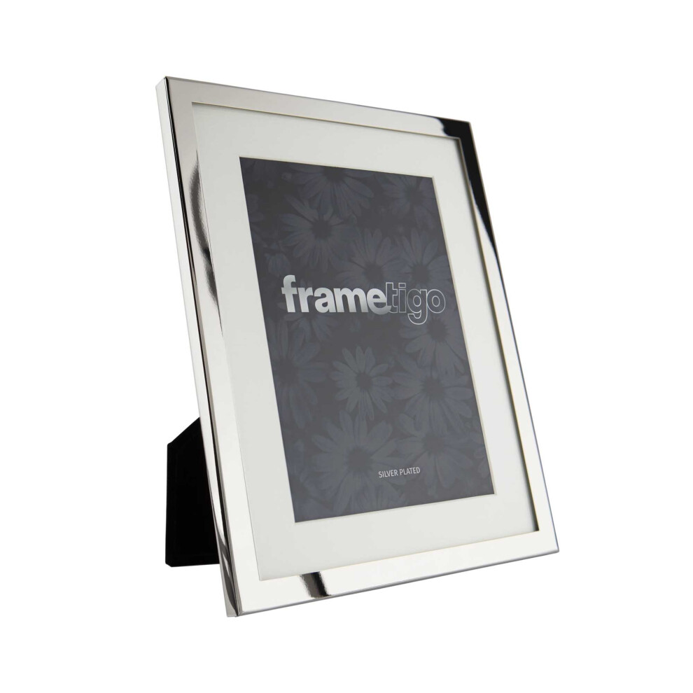 (6"x8" (15x20cm)) Silver Plated Photo Frame Modern Picture White Mount Freestanding Gift Box