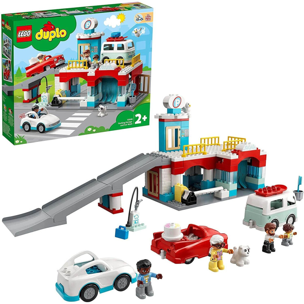 LEGO 10948 DUPLO Car Park and Wash Set, Toy for Toddlers 2 + Years Old with Garage, Petrol Station & Push Along Car