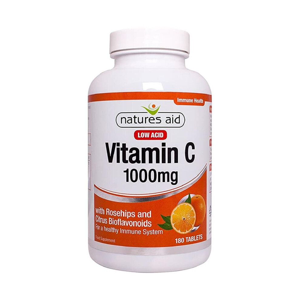 Natures Aid Vitamin C 1000mg Low Acid (with Rosehips & Citrus Bioflavonoids), 180 Tablets. Suitable for Vegans.