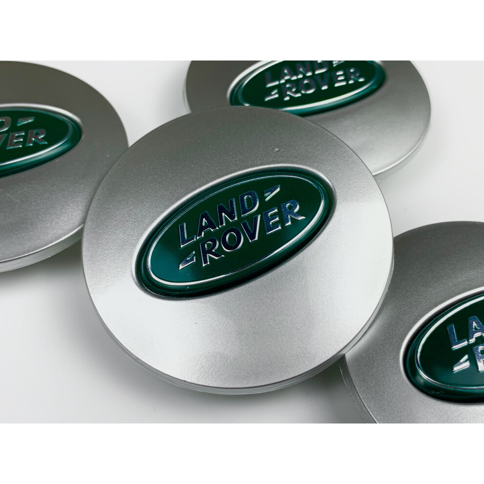 (Matt Silver and Green Land Rover Caps) Sets of 4 Land Rover alloy wheel caps 63mm S-image-OPC-P87295Z-NEW