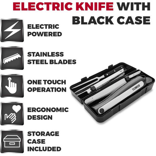 Tower Tower Electric Knife Food Slicer Kitchen Slicing with Fork Black Case Storage 1