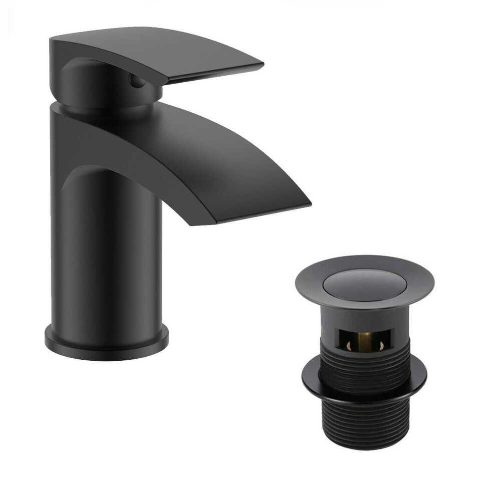 Bathroom Luxury MATT BLACK Basin Sink Mono Mixer Tap & Clicker Waste