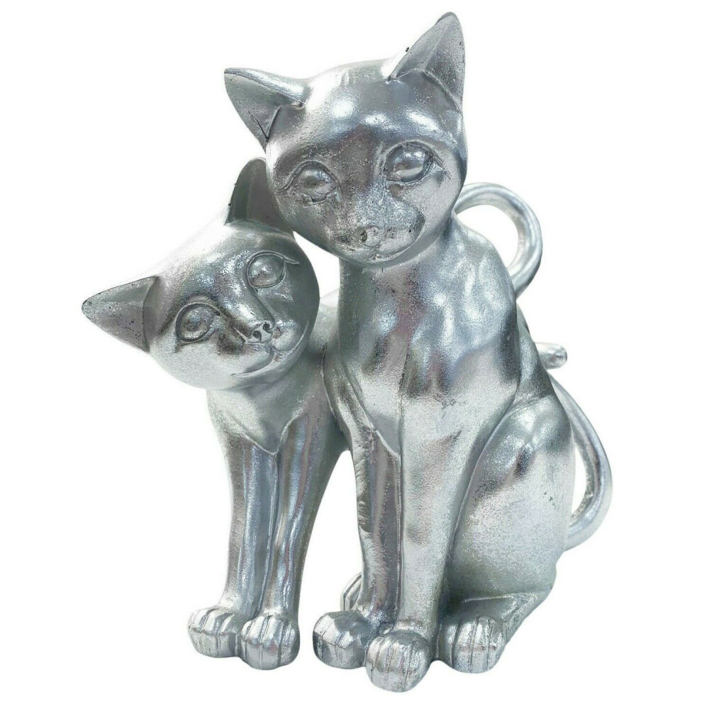 Silver Cat Ornament Metallic Finish Twin Cats Figurine Home Decor Pet Figure