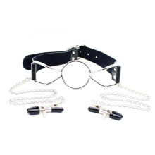 BDSM Black Leather Mouth Gag Nipple Clamps Chain