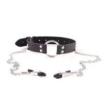 Adult Black Leather Collar Collar with Split Ring Nip PLE Clip