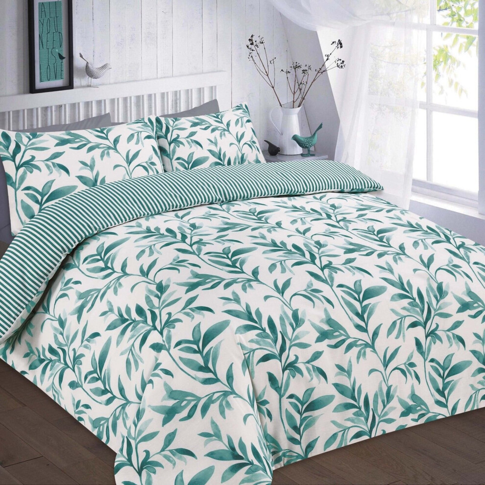 (Single , Ellie Teal) Ellie Leaf Floral Reversible Duvet Cover Set