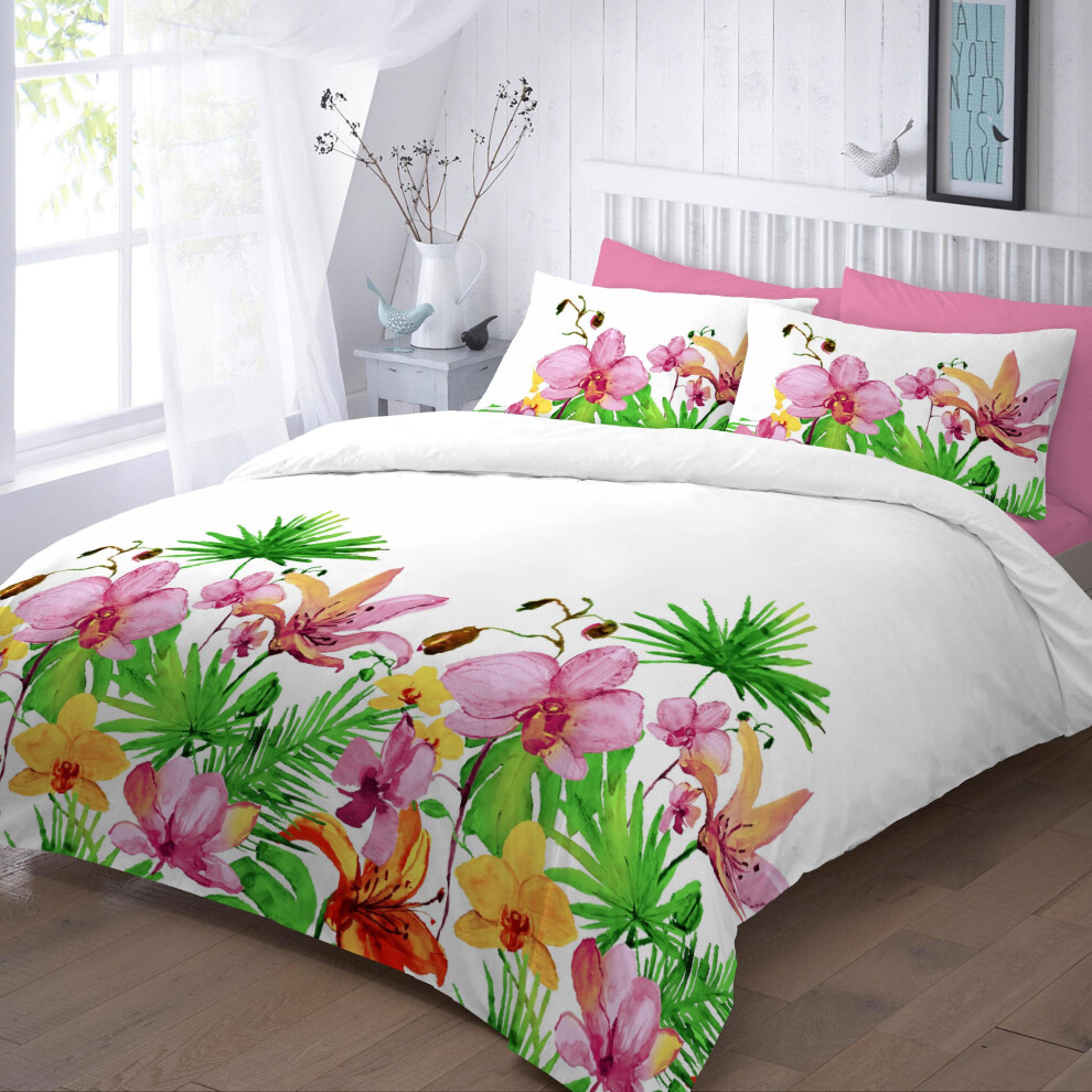 (Single, Lily Pink) Lily Floral Duvet Cover Set with Pillowcase