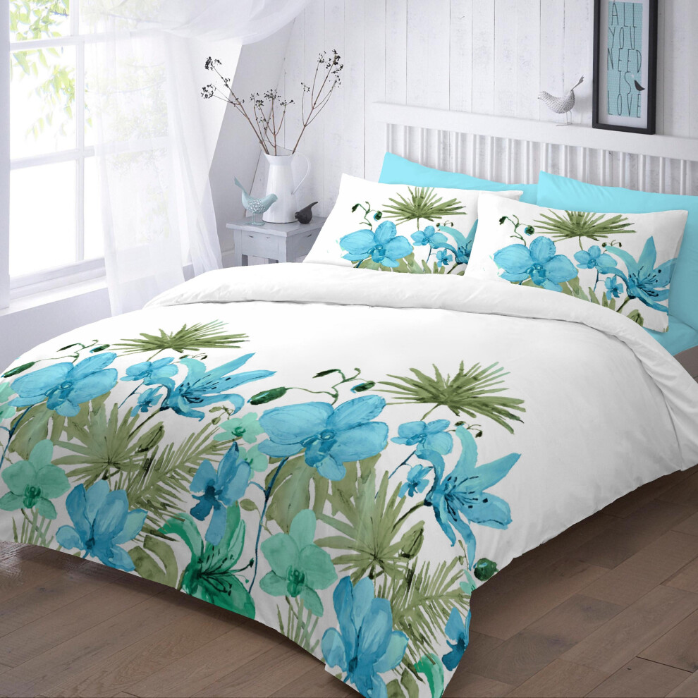 (King, Lily Teal) Lily Floral Duvet Cover Set with Pillowcase