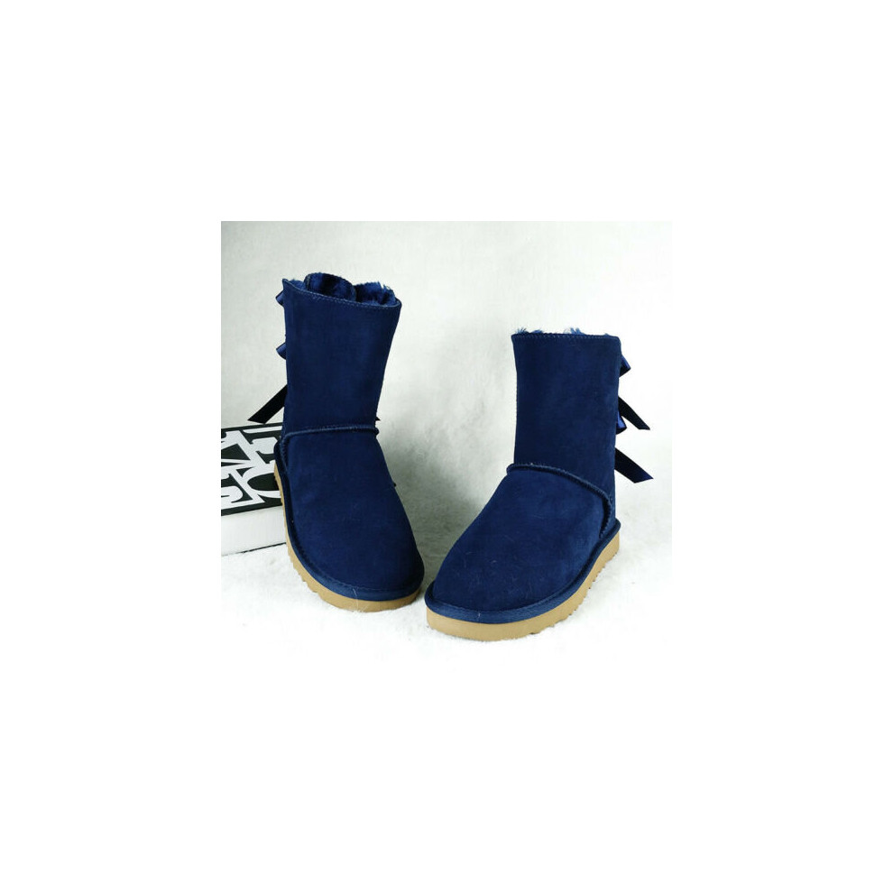 (Navy, 9 (Adults')) Women Winter Fur Leather Sheepskin Snow Boots Shoe