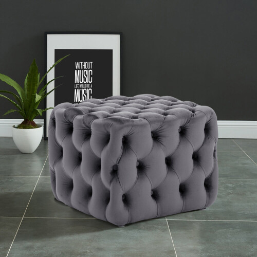 Living And Home Square Velvet Upholstered Buttoned Stool 1