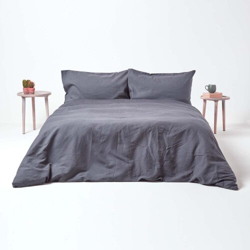 Homescapes (King, Dark Grey) Soft Linen Plain Duvet Cover with Pillowcase 2