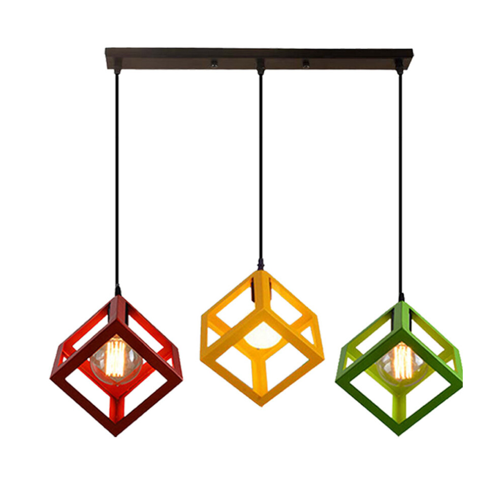 3 Lights Creative Cube Hanging Light Colorful Industrial Pendant Light Chandelier for Kitchen Farmhouse Hallway Indoor?Red+Yellow+Green?
