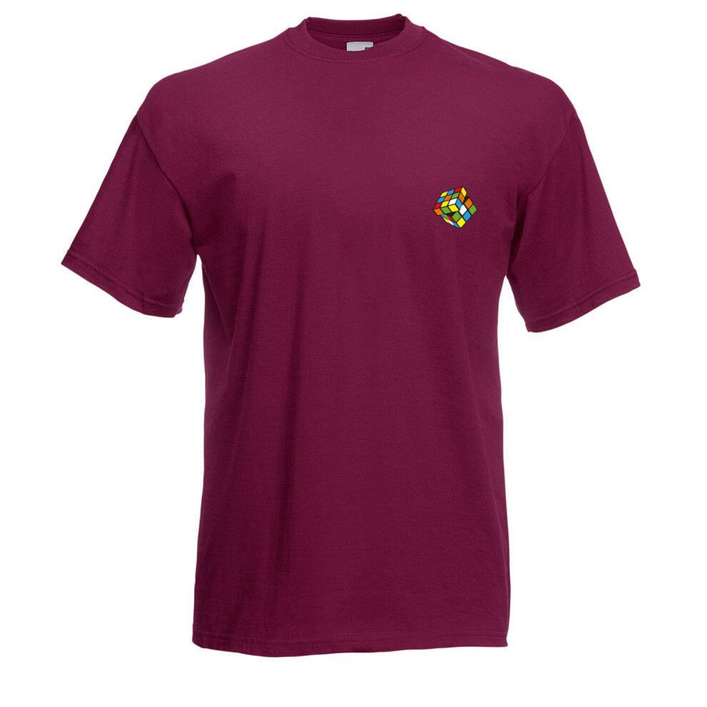 (Burgundy, S) Retro Rubiks Puzzle Cube Inspired Graphic High Quality T-Shirt, Tee, Men's, Unisex