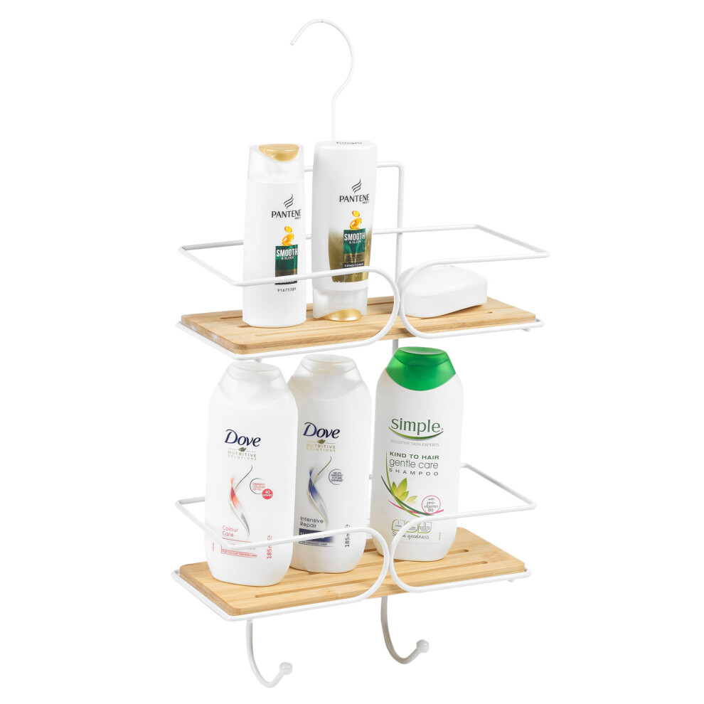 Urbn Living (Rectangular 2 Tier With Hook) Bamboo Shower Shelf Bathroom Rack Storage Organiser Caddy 2 Tier Corner Suction