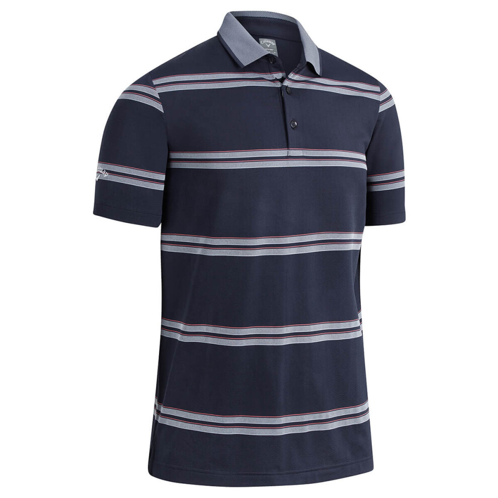 (S, Peacoat) Callaway Golf Mens 2021 Oxford Stripe Wicking Breathable Stretch Golf Polo Shirt