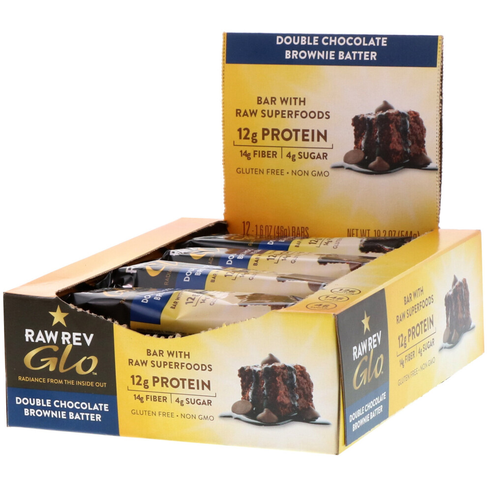 Raw Rev , Glo, Double Chocolate Brownie Batter, 12 Bars, 1.6 Oz (46 G) Each