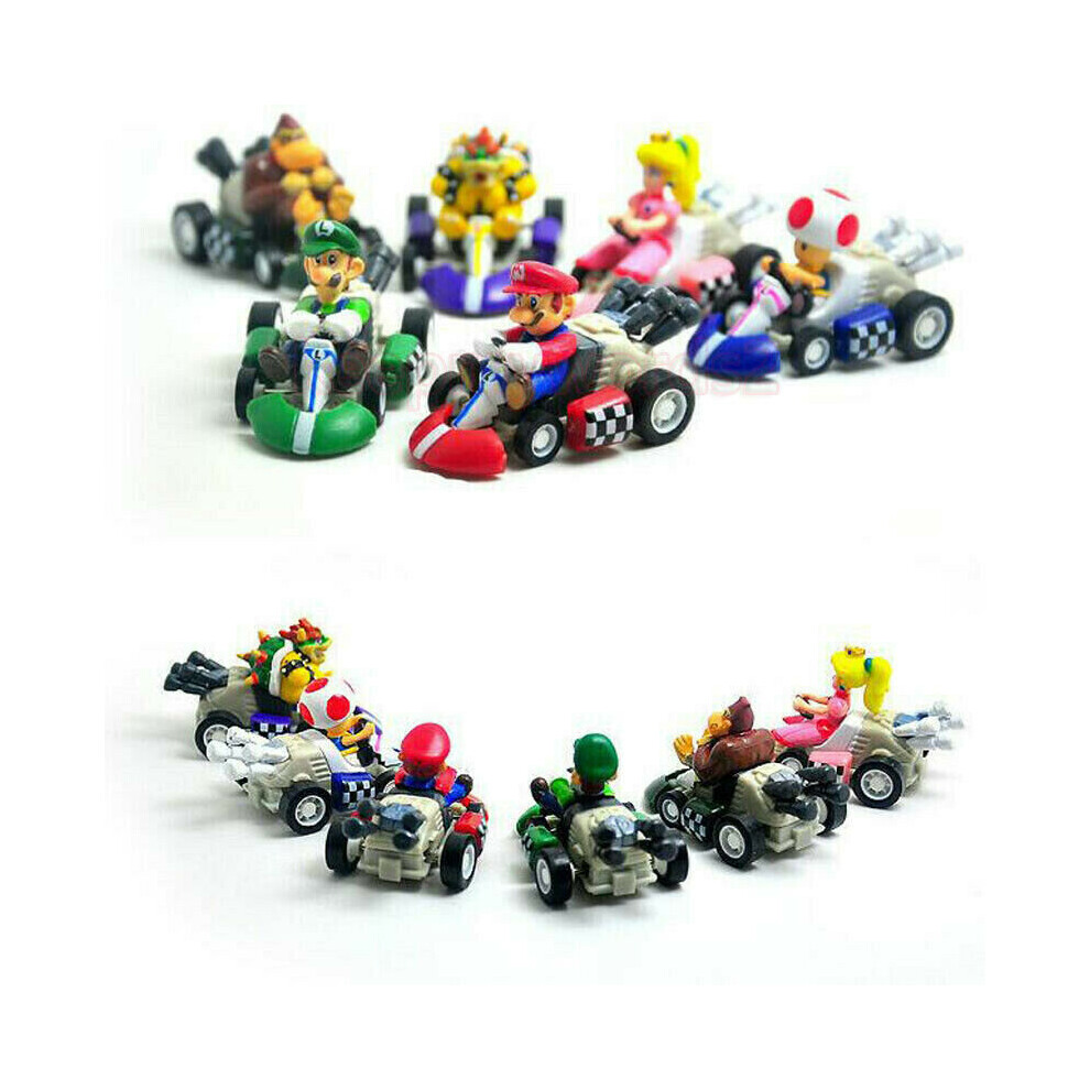 6PCS Super Mario Kart Pull Back Car Luigi Toad Bowser Figure Toys