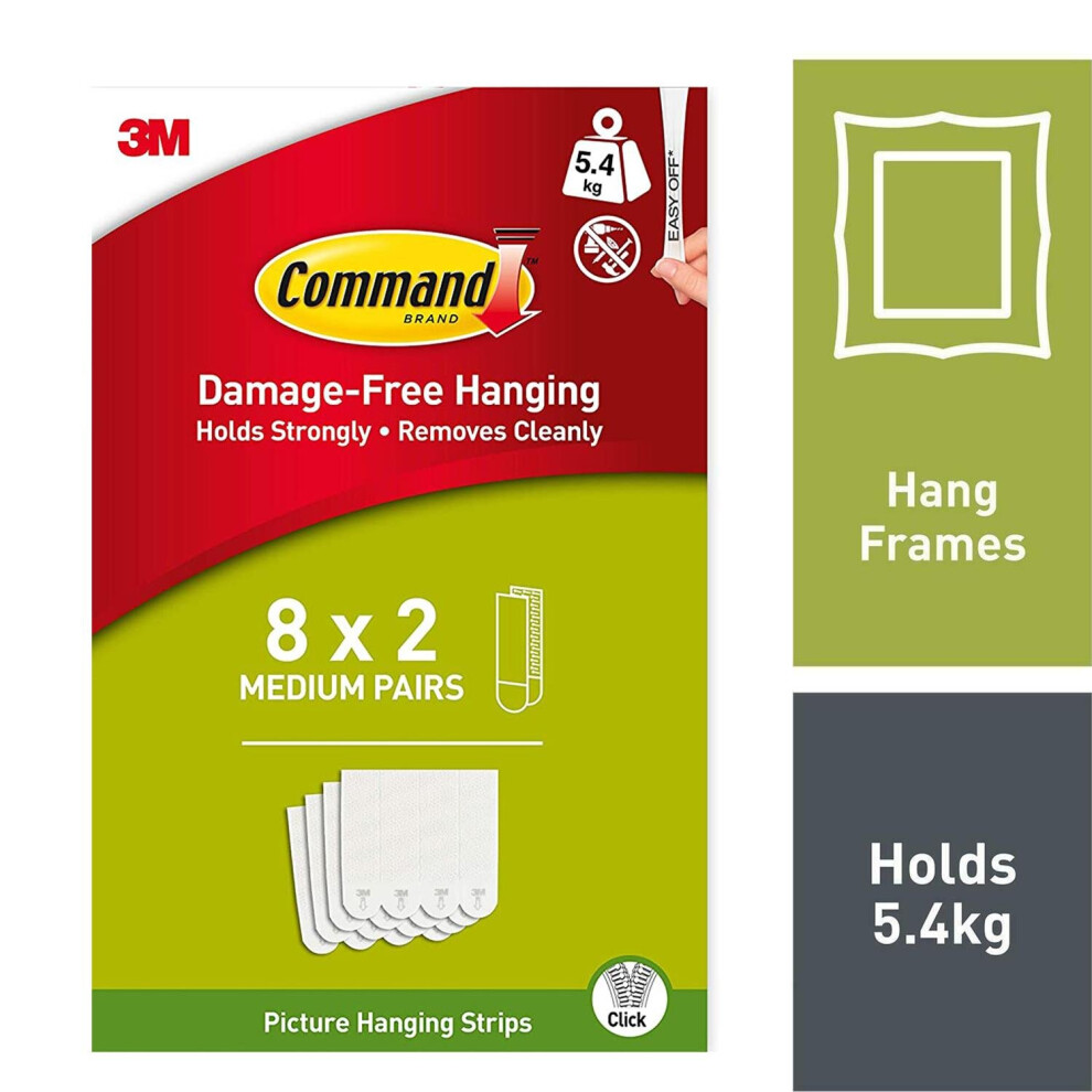 Command Picture Hanging Strips White Medium Holds Up To 5.4KG Pack Of 8 Pairs