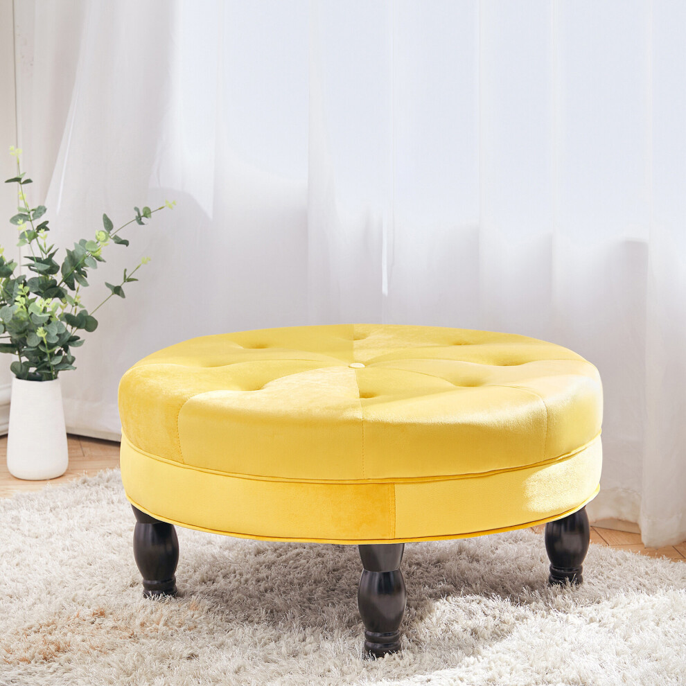 (Yellow) Velvet Round Buttoned Footstool With 4 Wood Legs