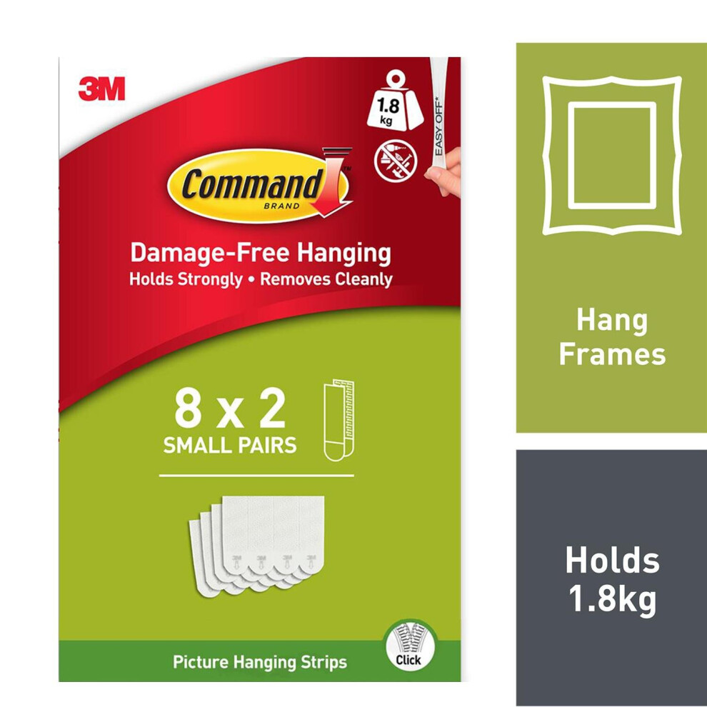 Command Picture Hanging Strips Small White Holds Up To 1.8KG Pack of 8 Pairs