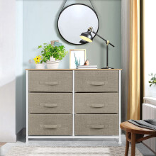 80 X 30 X 64 Cm Chest Of 6 Drawers, Fabric Storage Cabinet With Wood Top And Metal Frame, Organizer Unit For Bedroom, Living Room, Hallway, Biege