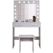 (Light Grey) Dressing Table Set with Hollywood LED Lights Mirror, Vanity Makeup Table 2 Large Drawers and Stool Gift for women