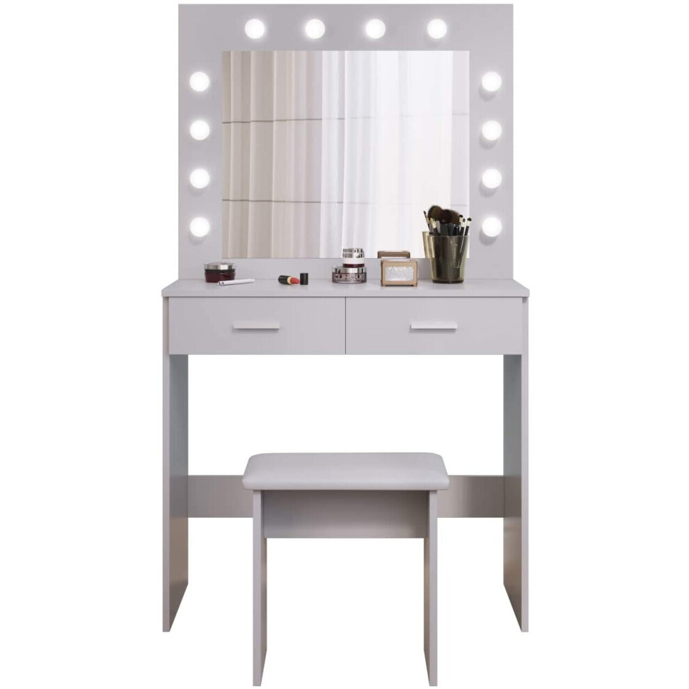 (Light Grey) Dressing Table Set with Hollywood LED Lights Mirror, Vanity Makeup Table 2 Large Drawers and Stool Gift for women