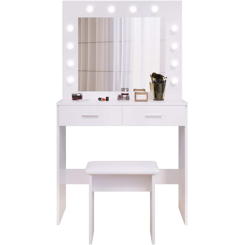 (White) Dressing Table Set with Hollywood LED Lights Mirror, Vanity Makeup Table 2 Large Drawers and Stool Gift for women