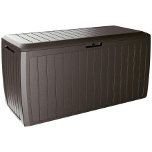 Deuba Garden Box 290L Storage Plastic Outdoor Patio Deck Chest 114x47x60cm Wood Style with Lid and Wheels Brown