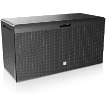 Deuba Garden Box 290L Storage Plastic Outdoor Patio Deck Chest 114x47x60cm Rattan Style with Lid and Wheels Grey