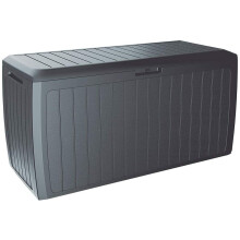 Deuba Garden Box 290L Storage Plastic Outdoor Patio Deck Chest 114x47x60cm Wood Style with Lid and Wheels Grey