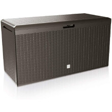 Deuba Garden Box 290L Storage Plastic Outdoor Patio Deck Chest 114x47x60cm Rattan Style with Lid and Wheels Brown