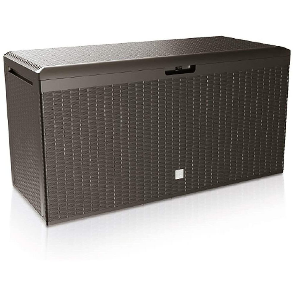 Deuba Garden Box 290L Storage Plastic Outdoor Patio Deck Chest 114x47x60cm Rattan Style with Lid and Wheels Brown