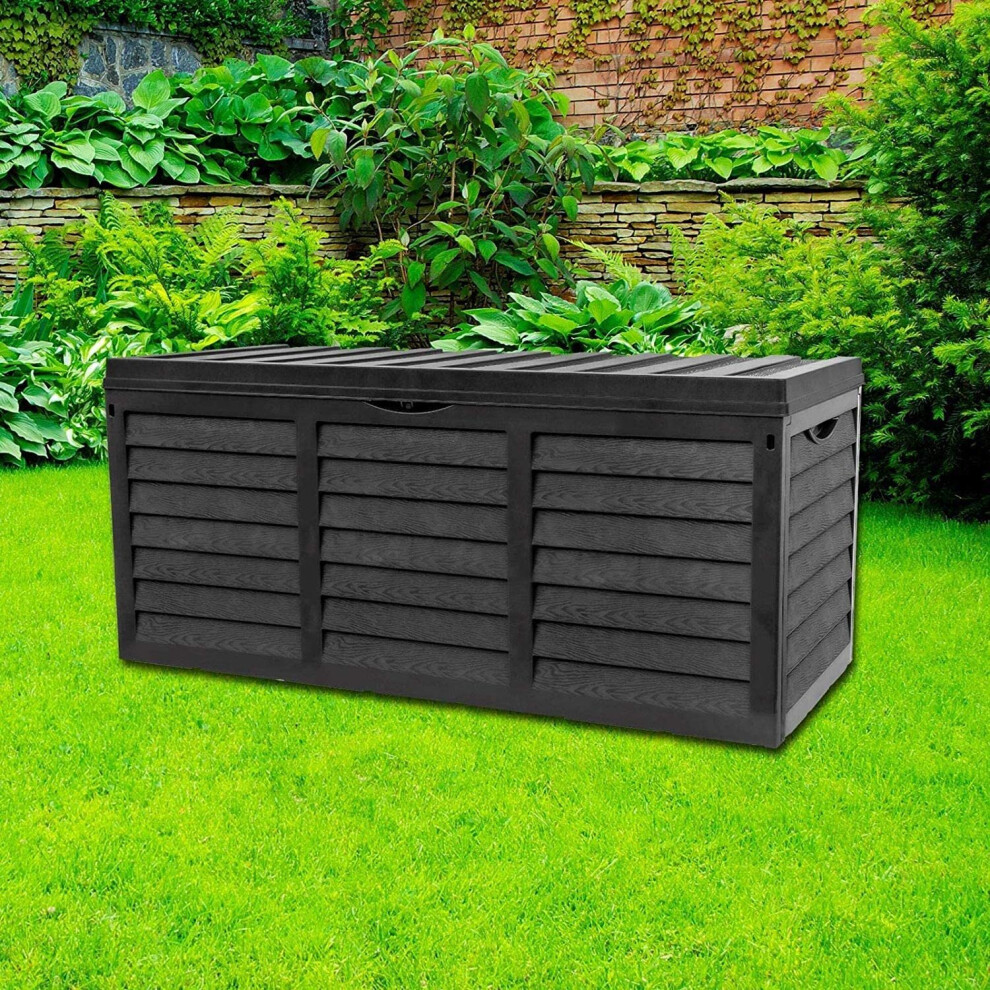 GR8 Garden 320 Litre Black Plastic Storage Box Lid Patio Shed Utility Cushion Chest Wooden Fence Panel Effect Large Truck Indoor Outdoor Furniture