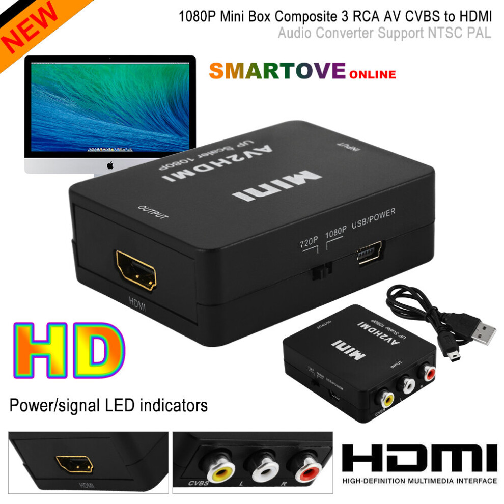 1080P Av To Hdmi Converter Composite Rca Cvbs Adapter For Vcr Camera 7381457028384