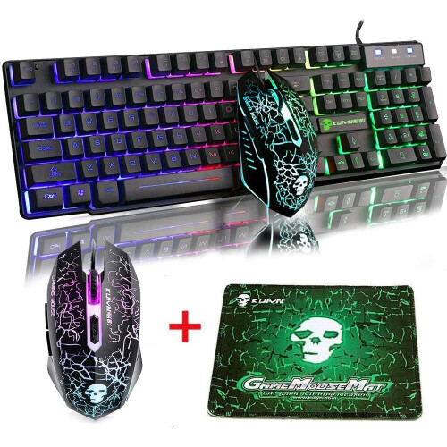 (Black) LED Gaming Keyboard & Mouse Set Rainbow USB Illuminated for PC Laptop Xbox PS4