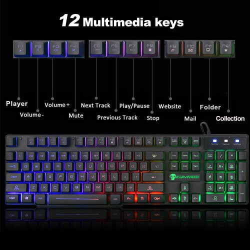 (Black) LED Gaming Keyboard & Mouse Set Rainbow USB Illuminated for PC Laptop Xbox PS4 1