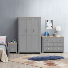Lisbon 3 Piece Set 3 Doors Wardrobe 7 Drawer Chest Bedside Light Grey