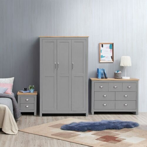 Timber Art Design UK Lisbon 3 Piece Set 3 Doors Wardrobe 7 Drawer Chest Bedside Light Grey